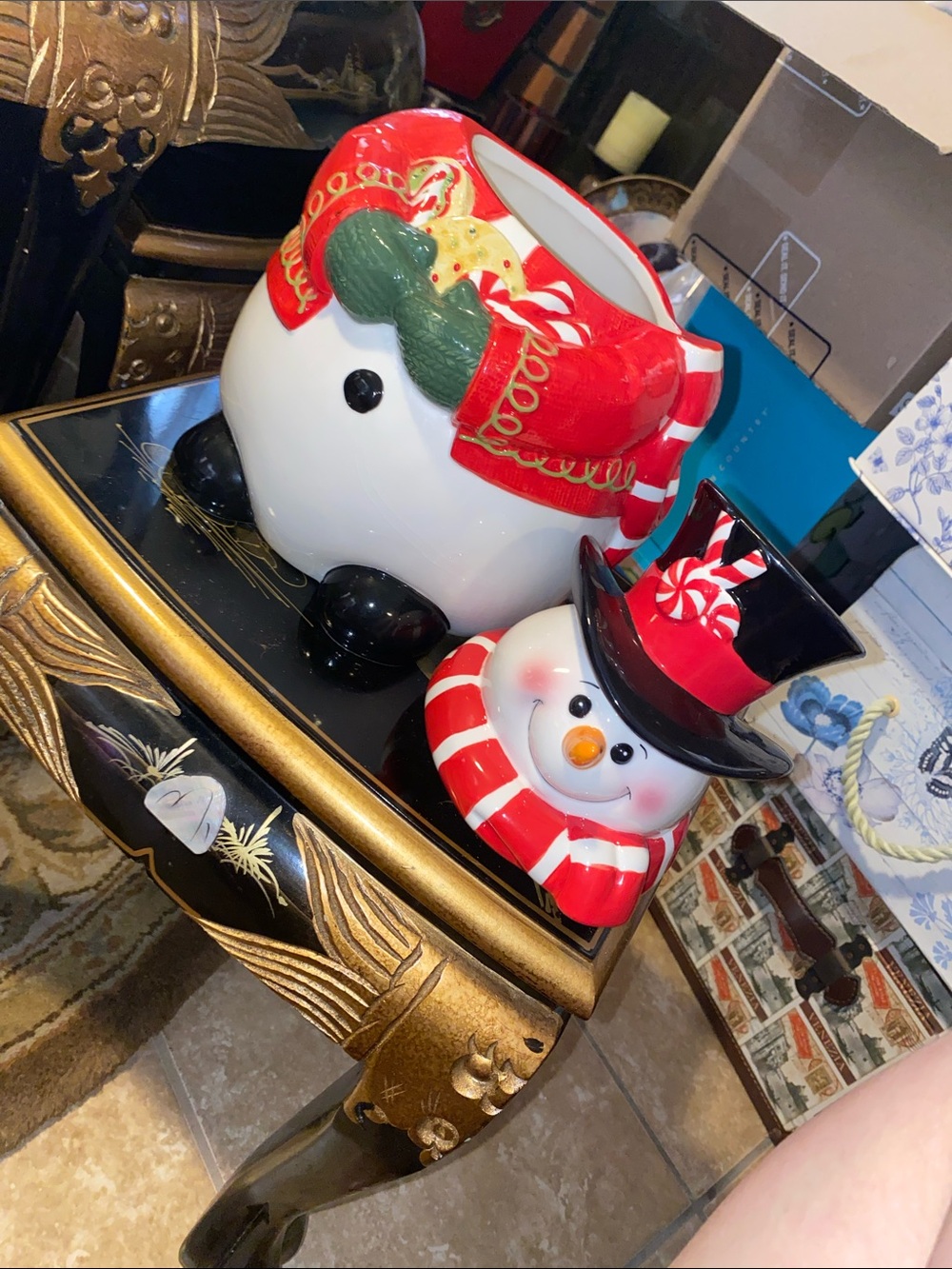 Fitz and Floyd Red, White and Black Festive Snowman Ceramic Cookie Jar - Picture 3 of 11